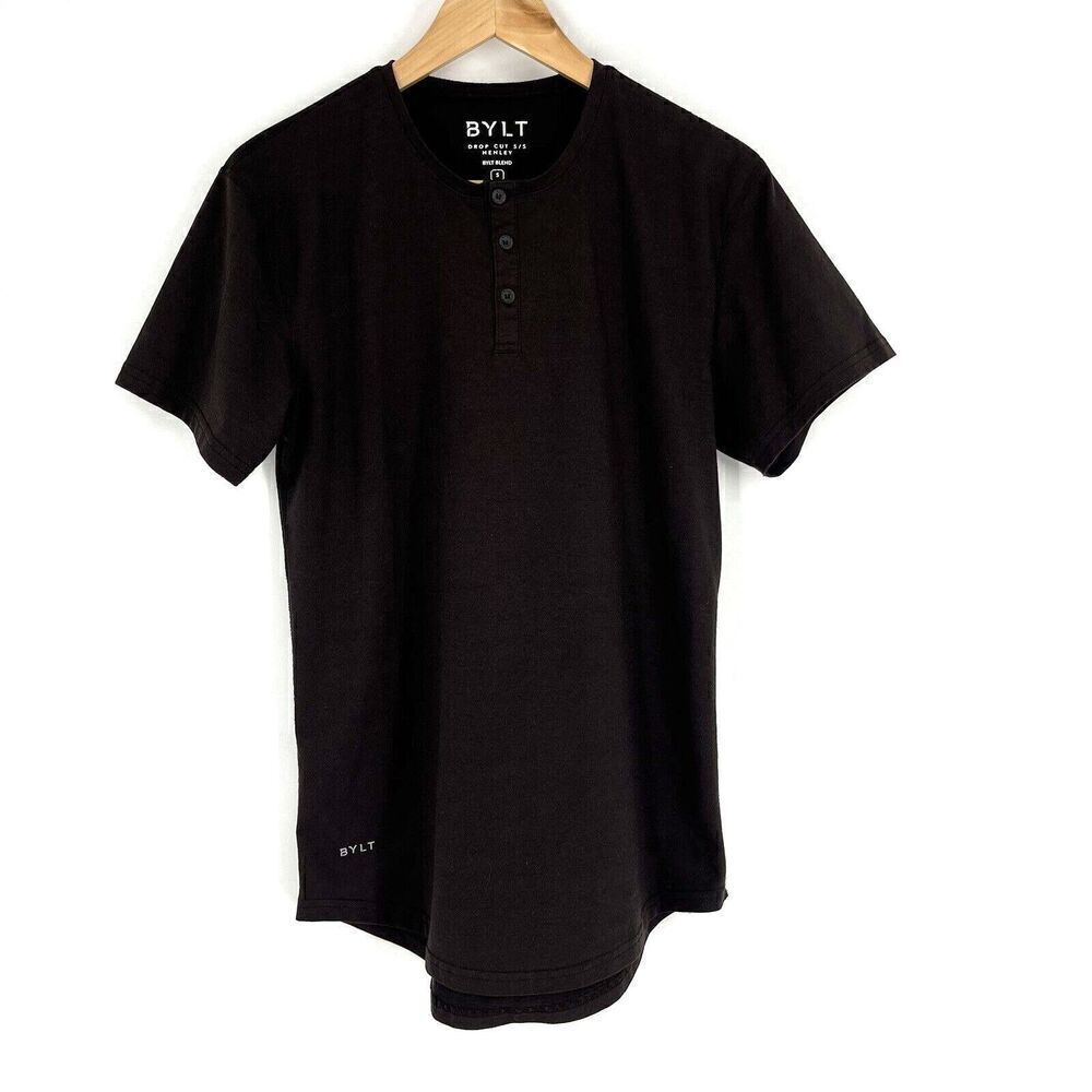 BYLT T Shirt Size Small Men Brown Drop Cut Henley Short Sleeve Blend Tee Stretch